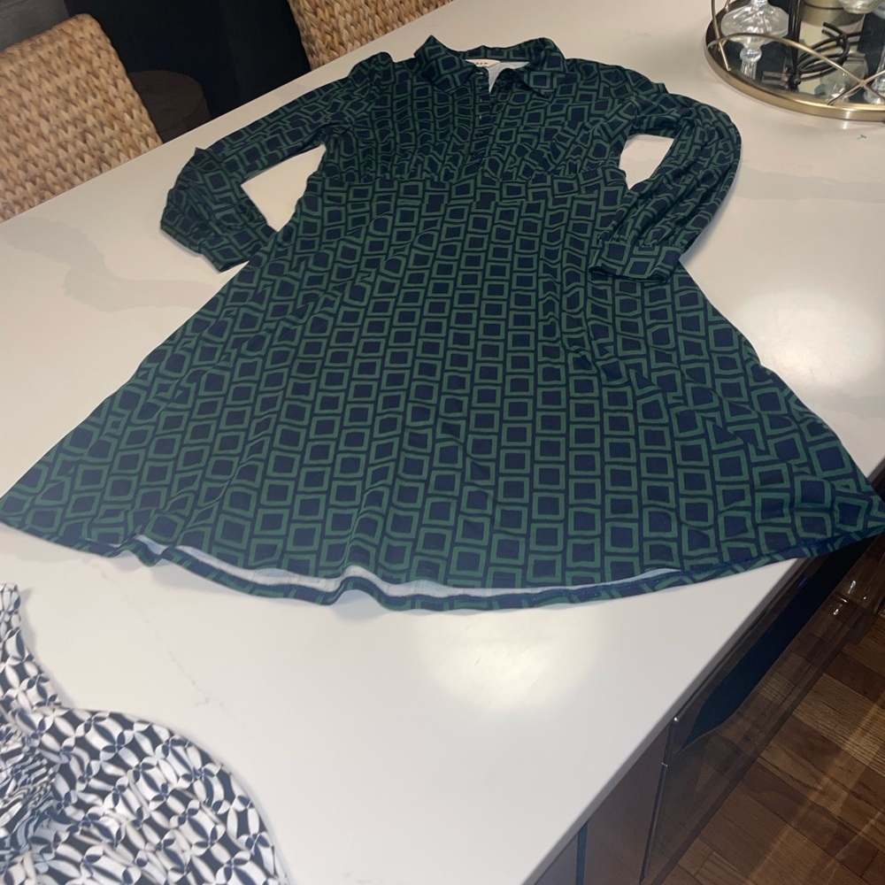 Boden Orla Dark Green/ Navy Geometric Midi Shirt Dress 12 L - Picture 2 of 9